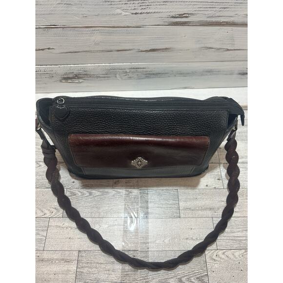 Brighton Two Tone Leather Shoulder Handbag Purse Black Brown floral interior - Picture 7 of 13